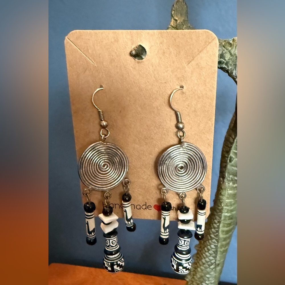 Spiral Earrings with black and white beads
Handmade by Heidi